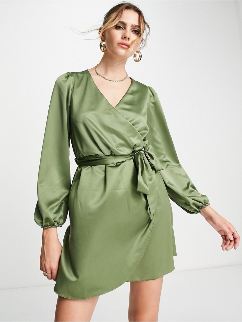 ASOS River Island Satin Wrap Mini Dress in Khaki